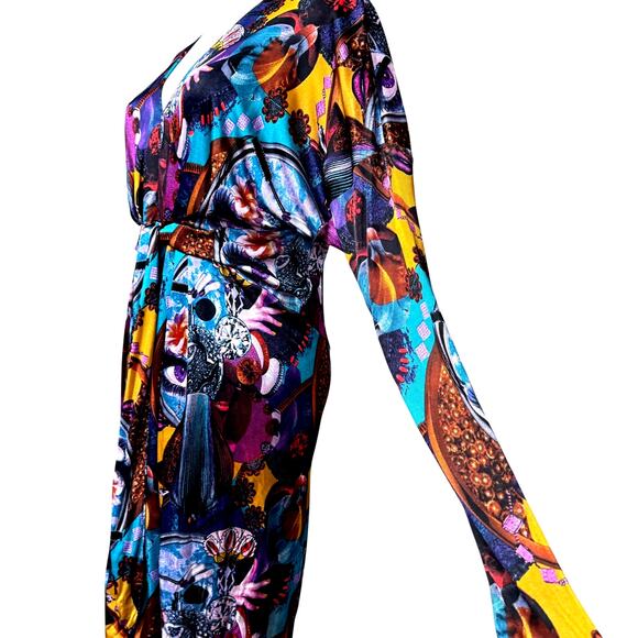 Custo Barcelona Eclectic Pattern Midi Dress Size Medium V-Neckline Long Sleeves - Picture 7 of 12